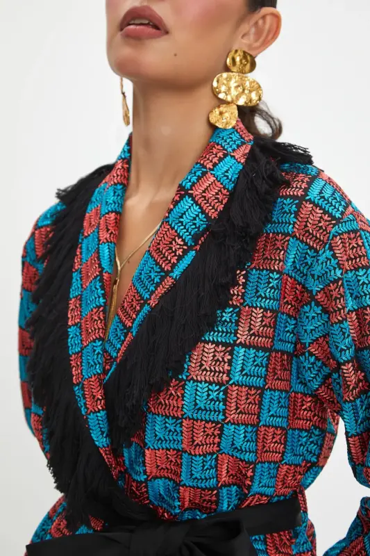 Belden Bağcıklı Yakası Püskül Detaylı Renkli Kare Desenli Kimono Model Turkuaz Ceket 40281 - İNDİGO - 3