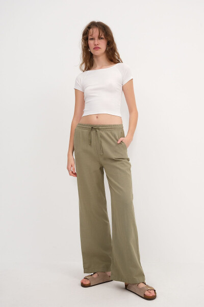 Belden Bağlamalı Wide Leg Pantolon PN5118-PNC - YAĞ YEŞİLİ - 1