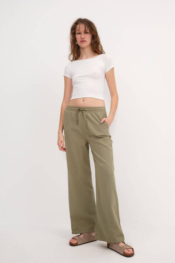 Belden Bağlamalı Wide Leg Pantolon PN5118-PNC - YAĞ YEŞİLİ - 1