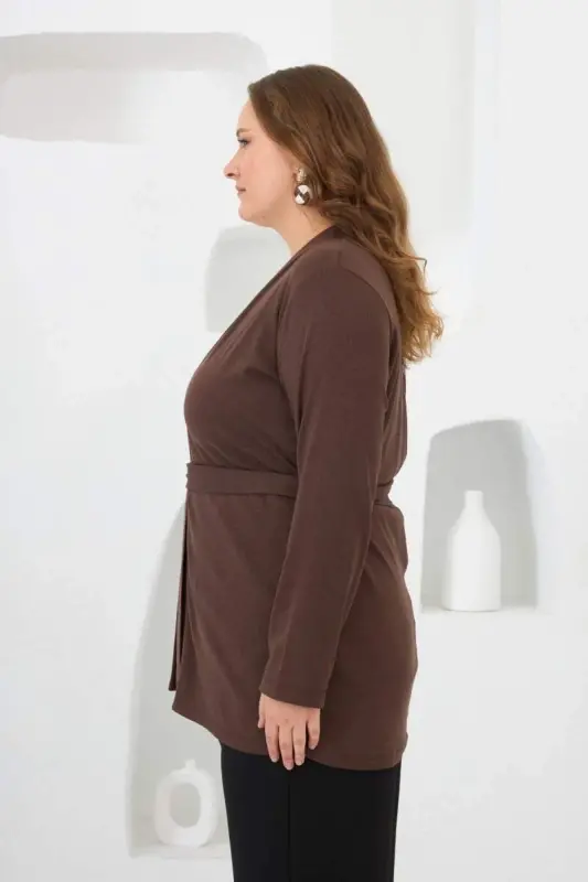 Belden Bağlamalı Örme Büyük Beden Hırka Kahverengi - 2