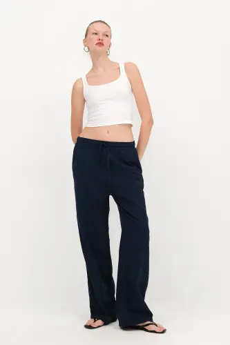 Belden Bağlamalı Wide Leg Pantolon PN5118-PNC - Blueberry 