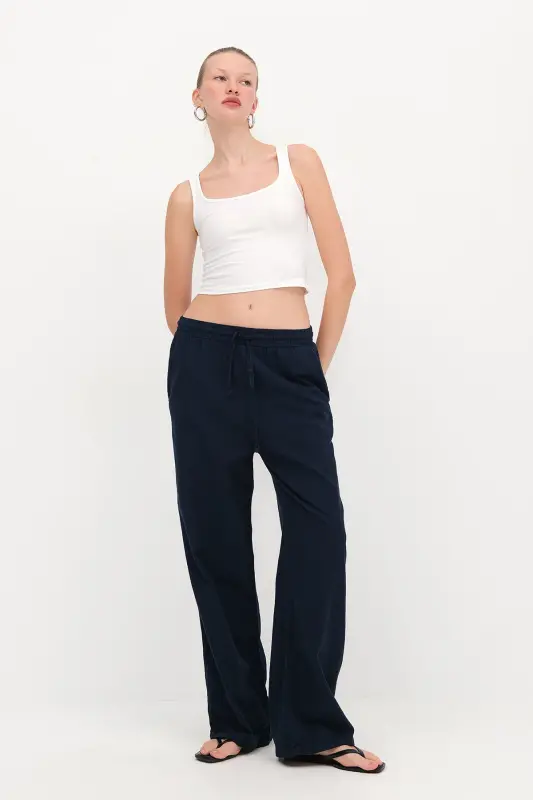Belden Bağlamalı Wide Leg Pantolon PN5118-PNC - Blueberry - 1