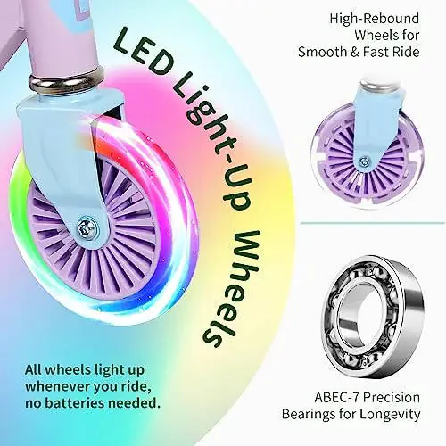 BELEEV V2 Scooters for Kids with Light-Up Wheels & Stem & Deck, 2 Wheel Folding Scooter for Girls Boys, 3 Adjustable Height, Non-Slip Pattern Deck, Lightweight Kick Scooter for Children Ages 3-12 - 2