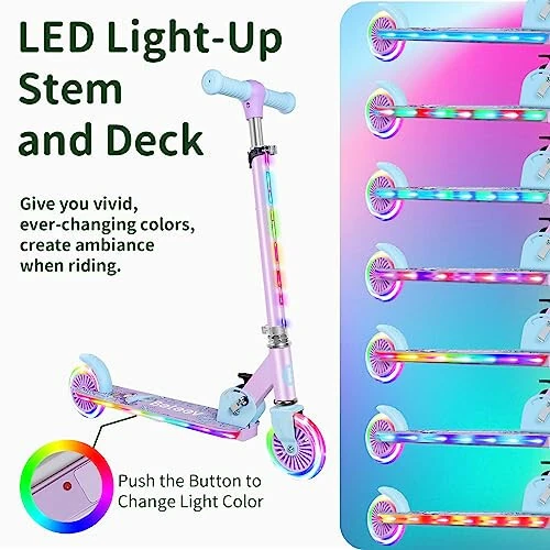 BELEEV V2 Scooters for Kids with Light-Up Wheels & Stem & Deck, 2 Wheel Folding Scooter for Girls Boys, 3 Adjustable Height, Non-Slip Pattern Deck, Lightweight Kick Scooter for Children Ages 3-12 - 3