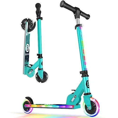 BELEEV V2 Scooters for Kids with Light-Up Wheels & Stem & Deck, 2 Wheel Folding Scooter for Girls Boys, 3 Adjustable Height, Non-Slip Pattern Deck, Lightweight Kick Scooter for Children Ages 3-12 - 1