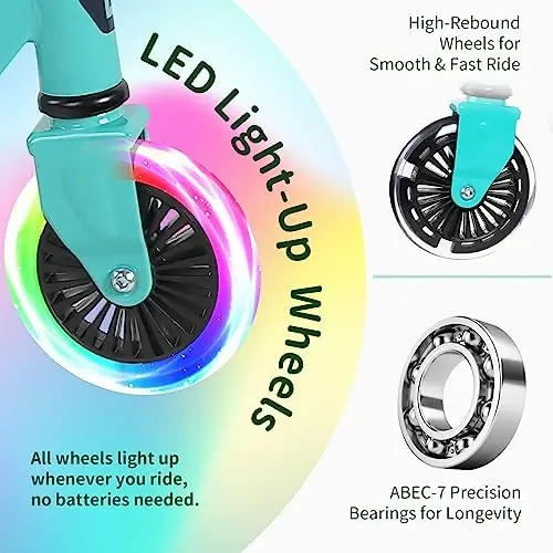 BELEEV V2 Scooters for Kids with Light-Up Wheels & Stem & Deck, 2 Wheel Folding Scooter for Girls Boys, 3 Adjustable Height, Non-Slip Pattern Deck, Lightweight Kick Scooter for Children Ages 3-12 - 2