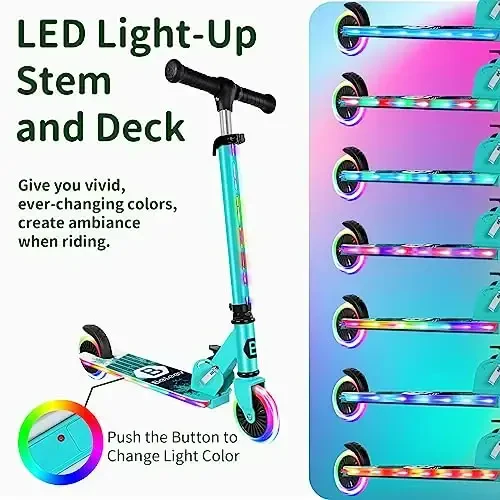 BELEEV V2 Scooters for Kids with Light-Up Wheels & Stem & Deck, 2 Wheel Folding Scooter for Girls Boys, 3 Adjustable Height, Non-Slip Pattern Deck, Lightweight Kick Scooter for Children Ages 3-12 - 3