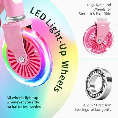 BELEEV V2 Scooters for Kids with Light-Up Wheels & Stem & Deck, 2 Wheel Folding Scooter for Girls Boys, 3 Adjustable Height, Non-Slip Pattern Deck, Lightweight Kick Scooter for Children Ages 3-12 - 2