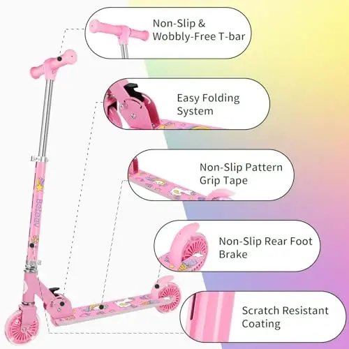 BELEEV V2 Scooters for Kids with Light-Up Wheels & Stem & Deck, 2 Wheel Folding Scooter for Girls Boys, 3 Adjustable Height, Non-Slip Pattern Deck, Lightweight Kick Scooter for Children Ages 3-12 - 1