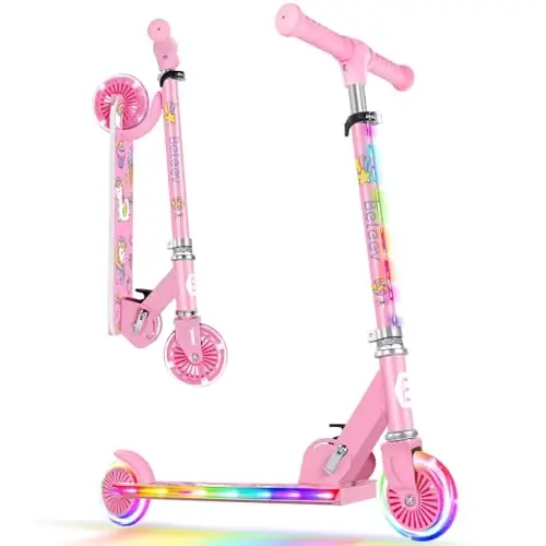 BELEEV V2 Scooters for Kids with Light-Up Wheels & Stem & Deck, 2 Wheel Folding Scooter for Girls Boys, 3 Adjustable Height, Non-Slip Pattern Deck, Lightweight Kick Scooter for Children Ages 3-12 - 2
