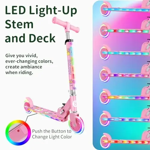 BELEEV V2 Scooters for Kids with Light-Up Wheels & Stem & Deck, 2 Wheel Folding Scooter for Girls Boys, 3 Adjustable Height, Non-Slip Pattern Deck, Lightweight Kick Scooter for Children Ages 3-12 - 3
