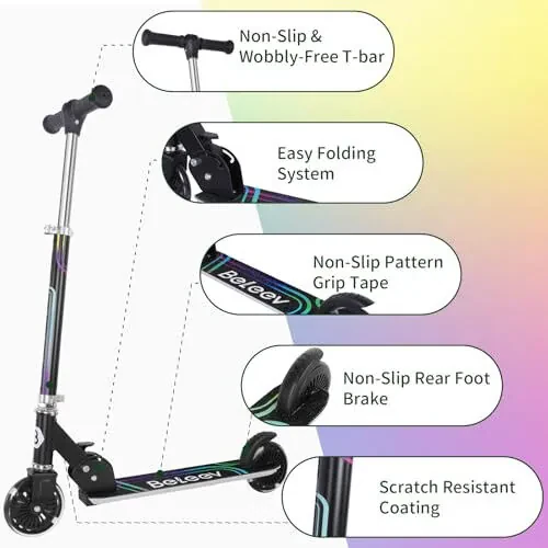 BELEEV V2 Scooters for Kids with Light-Up Wheels & Stem & Deck, 2 Wheel Folding Scooter for Girls Boys, 3 Adjustable Height, Non-Slip Pattern Deck, Lightweight Kick Scooter for Children Ages 3-12 - 5