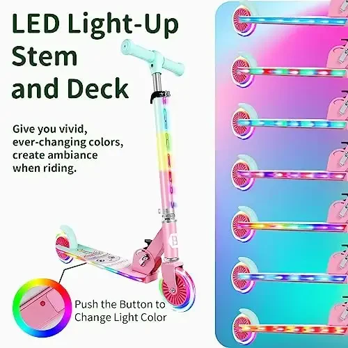 BELEEV V2 Scooters for Kids with Light-Up Wheels & Stem & Deck, 2 Wheel Folding Scooter for Girls Boys, 3 Adjustable Height, Non-Slip Pattern Deck, Lightweight Kick Scooter for Children Ages 3-12 - 3