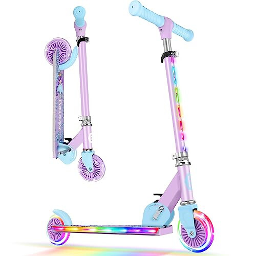 BELEEV V2 Scooters for Kids with Light-Up Wheels & Stem & Deck, 2 Wheel Folding Scooter for Girls Boys, 3 Adjustable Height, Non-Slip Pattern Deck, Lightweight Kick Scooter for Children Ages 3-12 