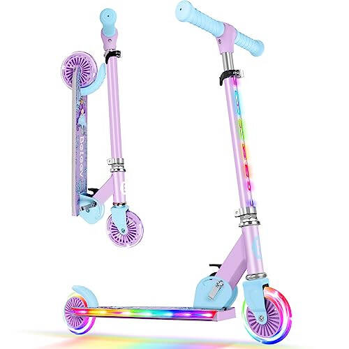 BELEEV V2 Scooters for Kids with Light-Up Wheels & Stem & Deck, 2 Wheel Folding Scooter for Girls Boys, 3 Adjustable Height, Non-Slip Pattern Deck, Lightweight Kick Scooter for Children Ages 3-12 - 1