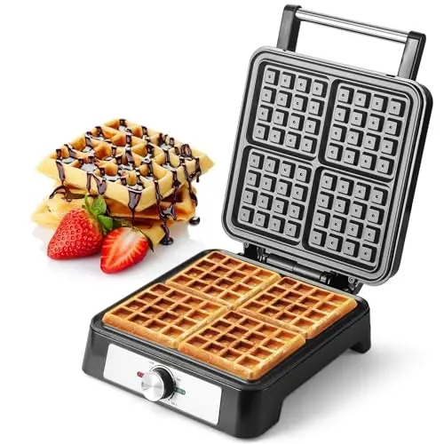 Belgian Square Thick Waffle Maker with Non-stick Plate, Temperature Control | 4 Slices Waffles Maker Waffle Iron Make Waffle in Minutes, 3 Browning Level, 1200W - 1