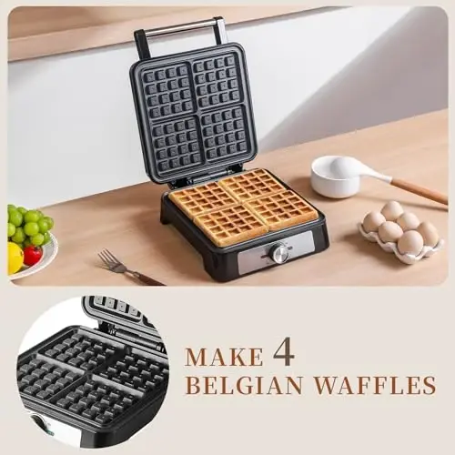 Belgian Square Thick Waffle Maker with Non-stick Plate, Temperature Control | 4 Slices Waffles Maker Waffle Iron Make Waffle in Minutes, 3 Browning Level, 1200W - 3