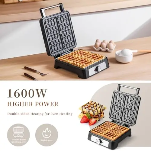 Belgian Square Thick Waffle Maker with Non-stick Plate, Temperature Control | 4 Slices Waffles Maker Waffle Iron Make Waffle in Minutes, 3 Browning Level, 1200W - 4