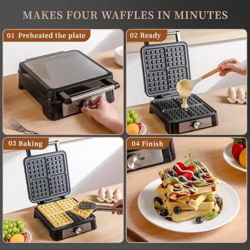 Belgian Square Thick Waffle Maker with Non-stick Plate, Temperature Control | 4 Slices Waffles Maker Waffle Iron Make Waffle in Minutes, 3 Browning Level, 1200W - 6