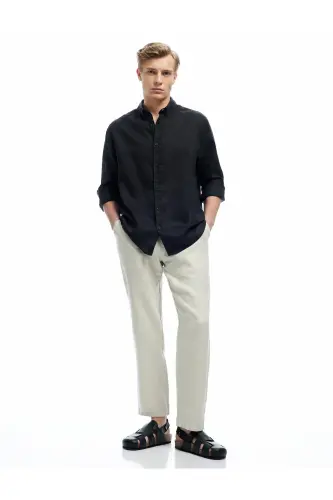 Beli Bağcıklı Cep Detaylı Keten Chino Pantolon-Ekru - 1