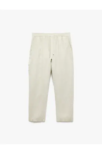 Beli Bağcıklı Cep Detaylı Keten Chino Pantolon-Ekru - 3