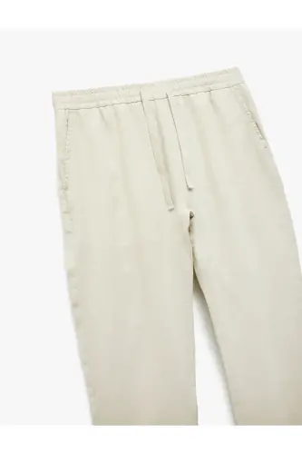 Beli Bağcıklı Cep Detaylı Keten Chino Pantolon-Ekru - 5