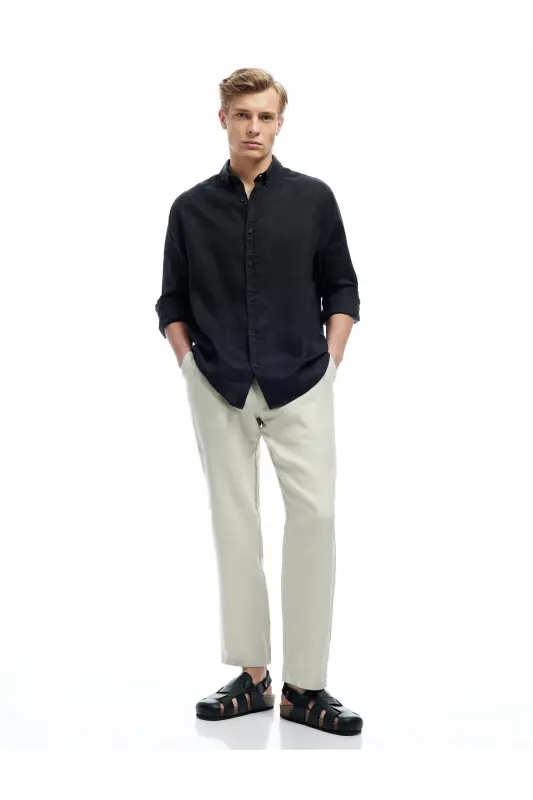 Beli Bağcıklı Cep Detaylı Keten Chino Pantolon-Ekru - KOTON