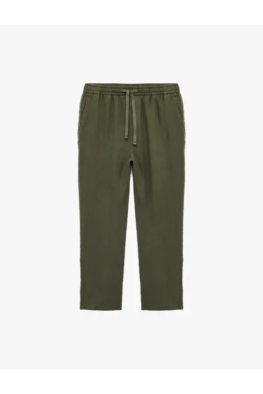 Beli Bağcıklı Cep Detaylı Keten Chino Pantolon-Haki - 1