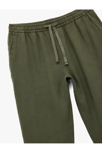 Beli Bağcıklı Cep Detaylı Keten Chino Pantolon-Haki - 3