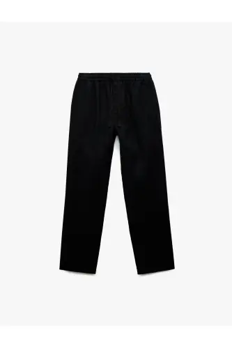 Beli Bağcıklı Cep Detaylı Keten Chino Pantolon-Siyah 