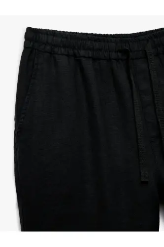 Beli Bağcıklı Cep Detaylı Keten Chino Pantolon-Siyah - 3