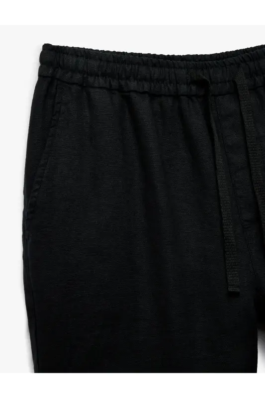 Beli Bağcıklı Cep Detaylı Keten Chino Pantolon-Siyah - 3