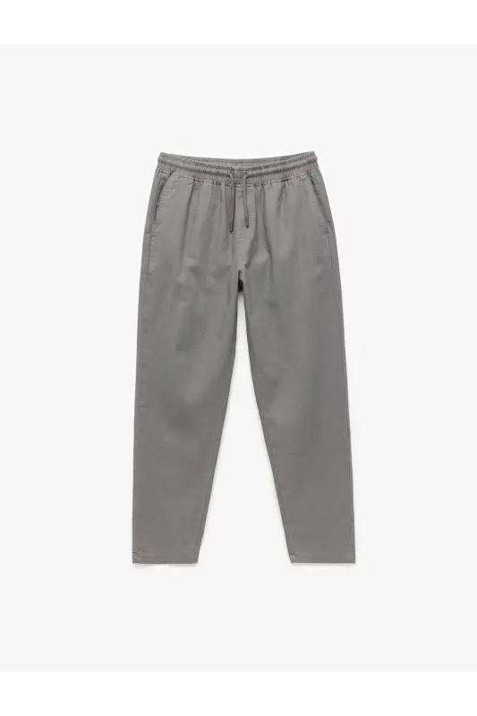 Beli Bağcıklı Cep Detaylı Keten Pamuk Karışımlı Chino Pantolon - Gri - 3
