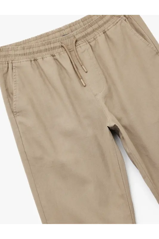 Beli Bağcıklı Cep Detaylı Keten Pamuk Karışımlı Chino Pantolon-535 - 3