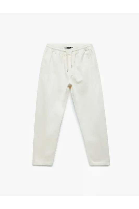 Beli Bağcıklı Cep Detaylı Pamuklu Bol Baggy Jean Pantolon - Ekru - 4