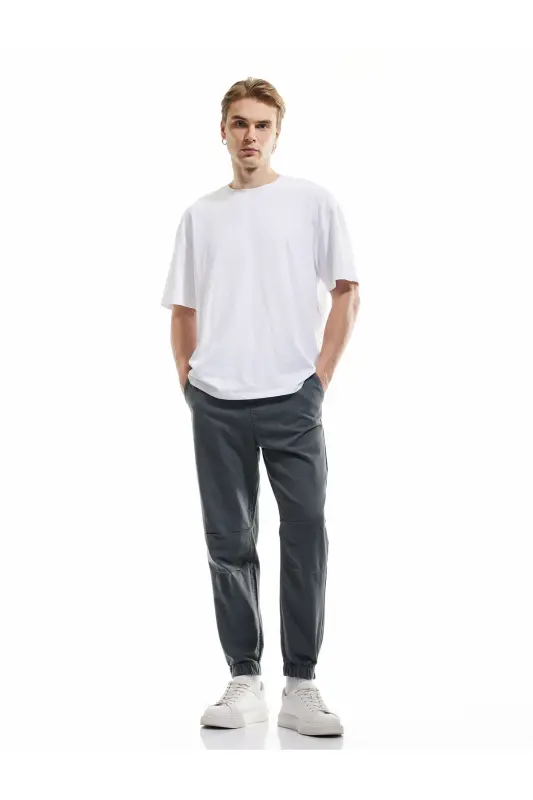 Beli Bağcıklı Chino Cepli Pamuklu Jogger Pantolon - Antrasit - 1