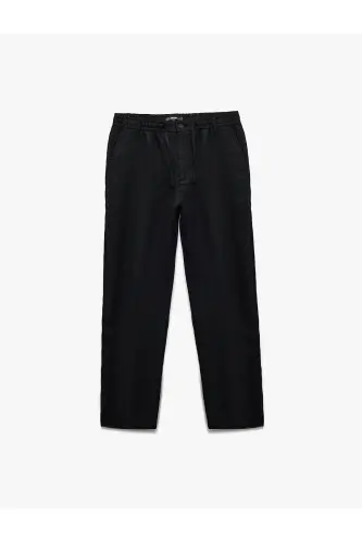 Beli Bağcıklı Düğmeli Cep Detaylı Keten Chino Pantolon-Siyah - 3