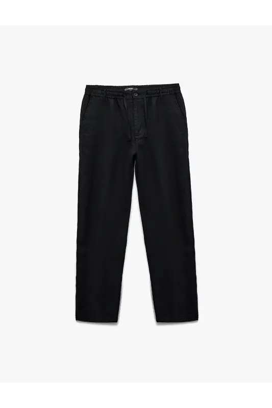 Beli Bağcıklı Düğmeli Cep Detaylı Keten Chino Pantolon-Siyah - 3