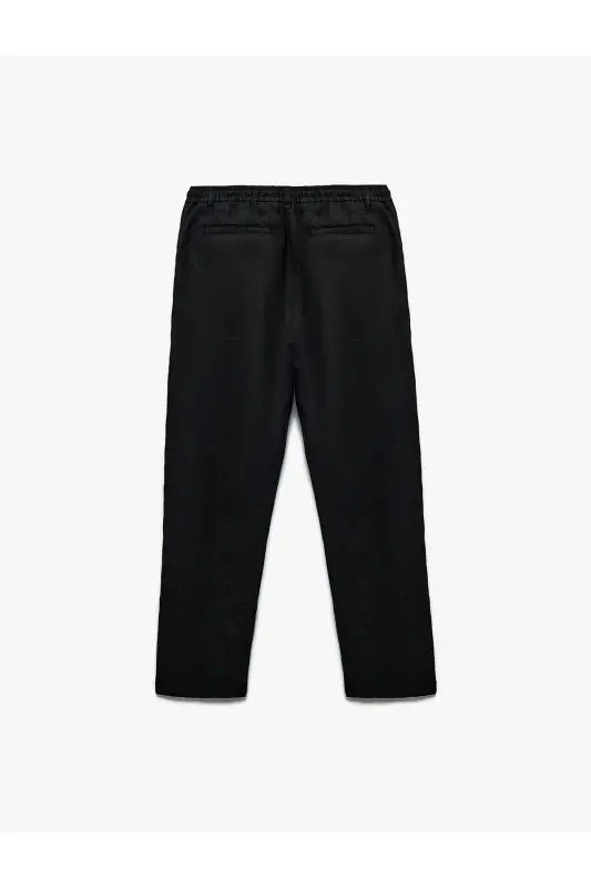 Beli Bağcıklı Düğmeli Cep Detaylı Keten Chino Pantolon-Siyah - 4