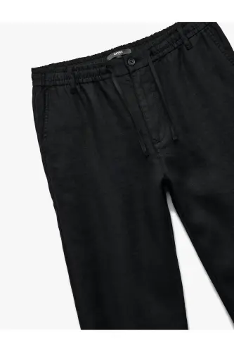 Beli Bağcıklı Düğmeli Cep Detaylı Keten Chino Pantolon-Siyah - 5