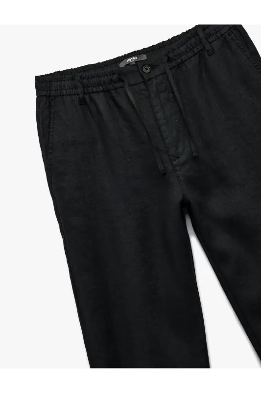Beli Bağcıklı Düğmeli Cep Detaylı Keten Chino Pantolon-Siyah - 5