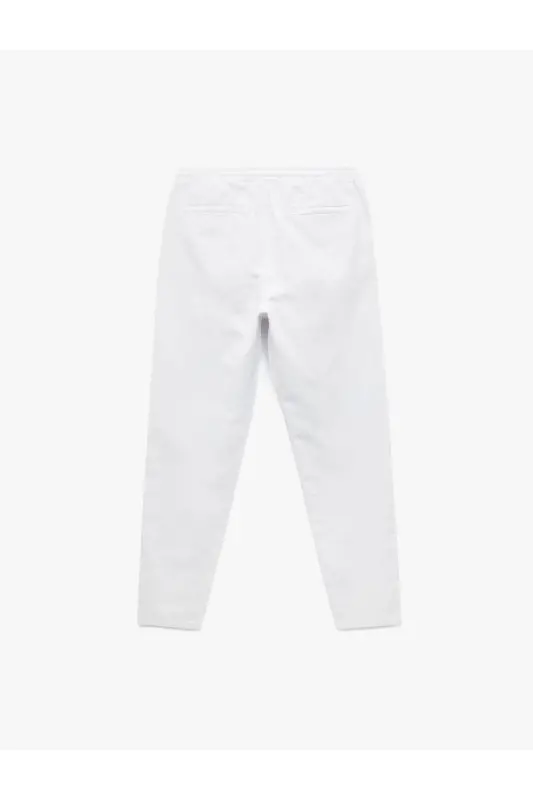 Beli Bağcıklı Pamuklu Cep Detaylı Kanvas Chino Pantolon - Beyaz - 4