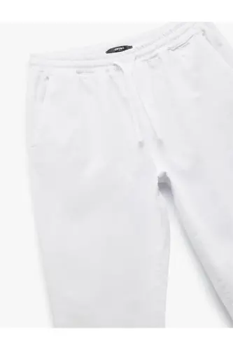 Beli Bağcıklı Pamuklu Cep Detaylı Kanvas Chino Pantolon - Beyaz - 5