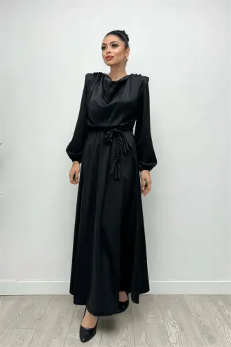 Beli Büzgülü Saten Abiye Ko'ylak - QORA - 3