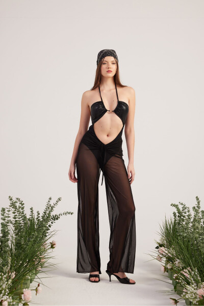 Beli ip detallı tül pareo shirred pantolon qora-S - 3