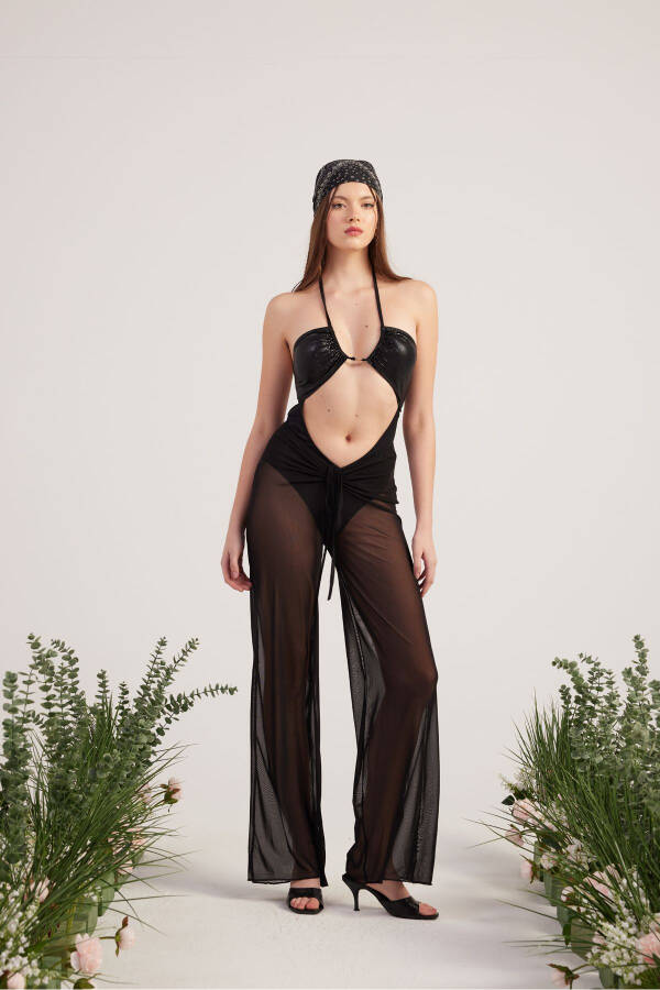 Beli ip detallı tül pareo shirred pantolon qora-S - 3