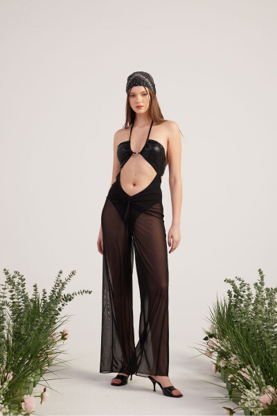 Beli ip detallı tül pareo shirred pantolon qora-S - 4