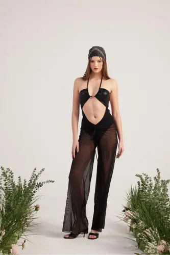 Beli ip detallı tül pareo shirred pantolon qora-S - 3