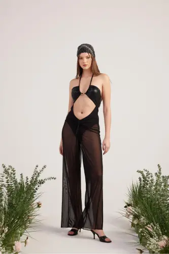 Beli ip detallı tül pareo shirred pantolon qora-S - 5