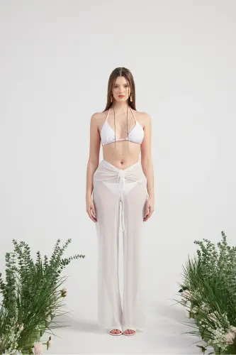 Beli Ip Detaylı Tül Pareo Shirred Pantolon Beyaz-B - 1